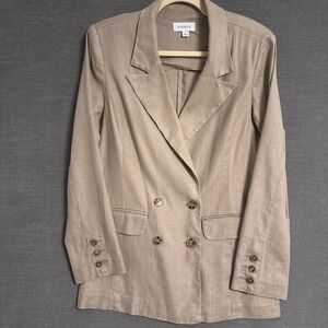 Evereve Blazer Womens Small Tan Beige‎ Linen Blend Double Breasted Preppy Casual